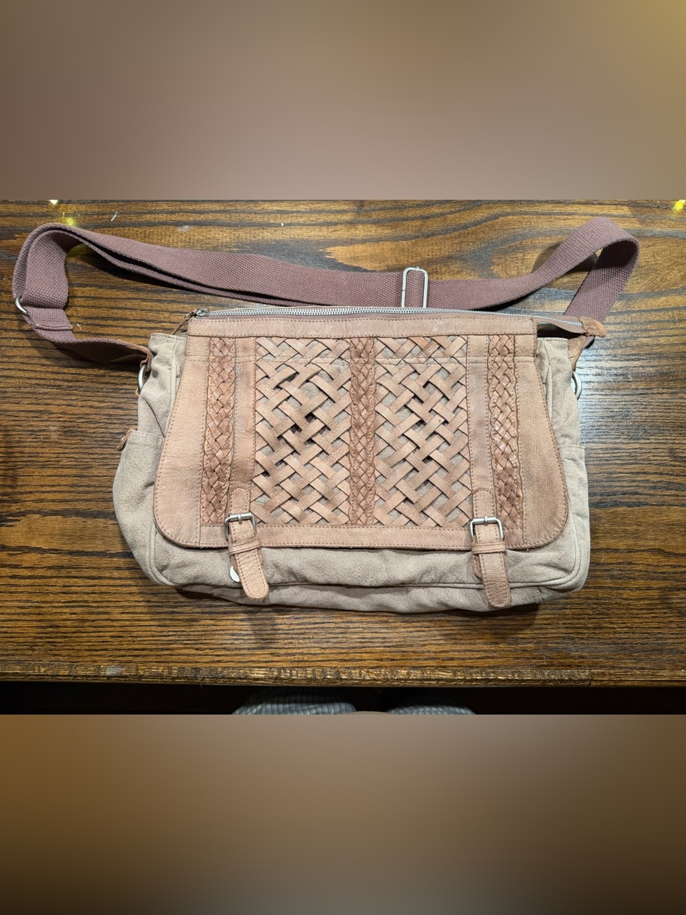 Woven-Front Messenger Bag in Dusty Rose